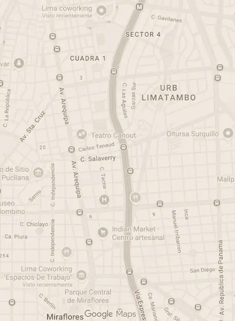 Mapa de Lima con las sedes de Lima Coworking en Miraflores y San Isidro